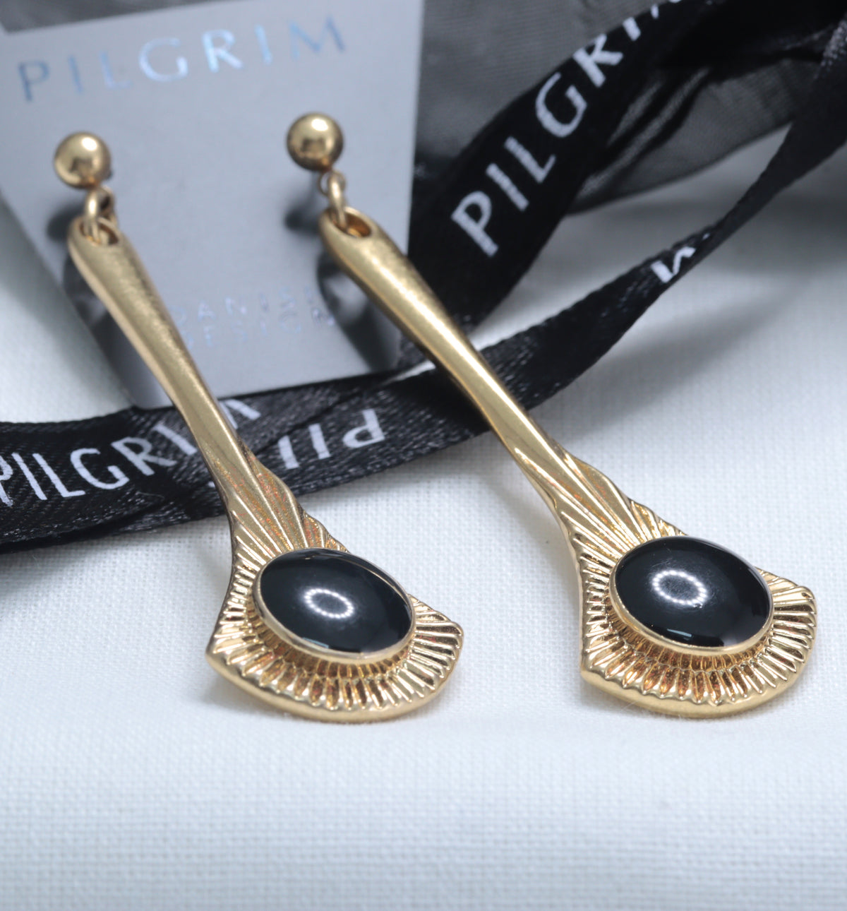 Pilgrim gold-toned black stone drop earrings