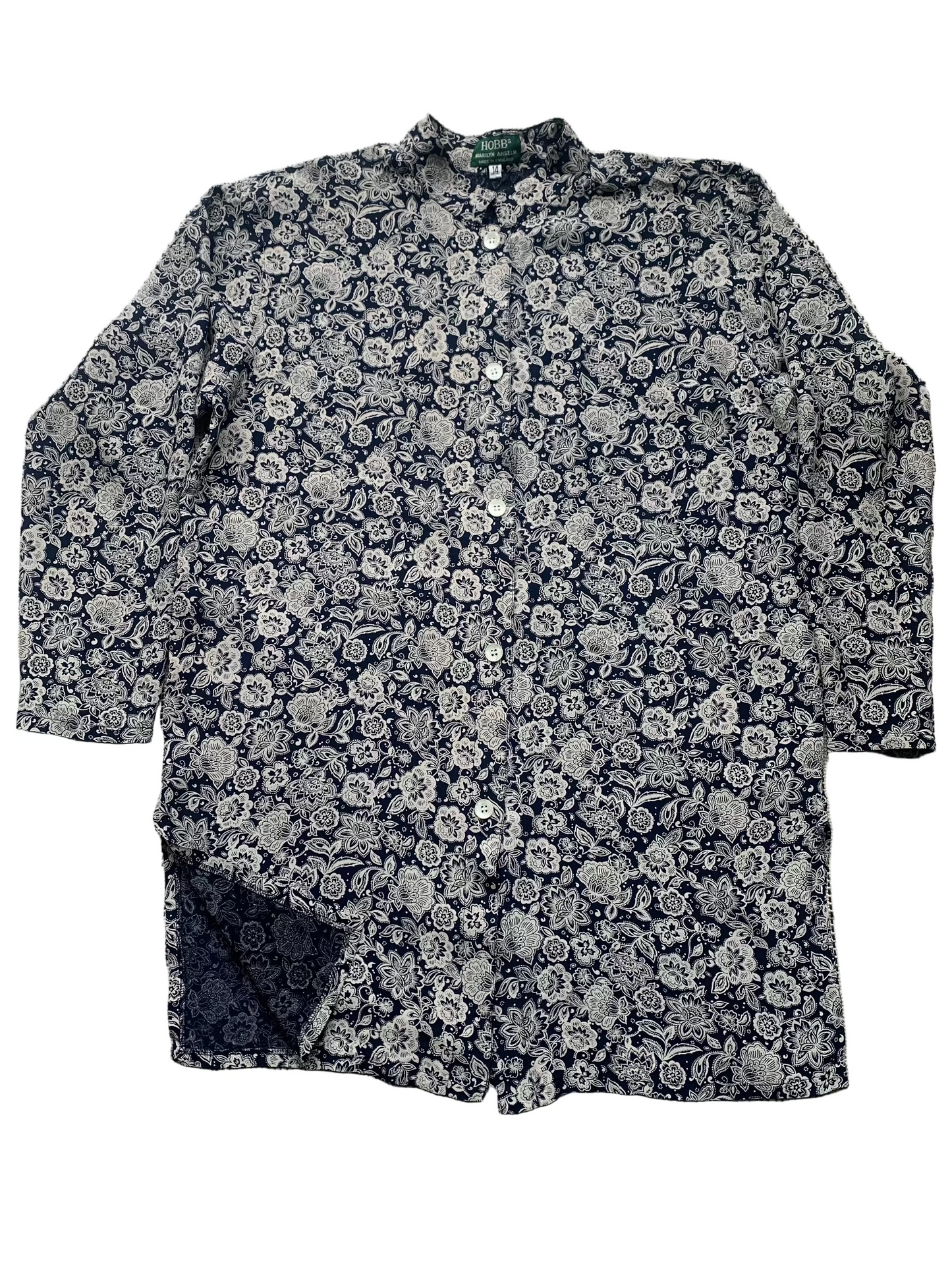 Marilyn Anselm navy & white floral print viscose collarless tunic