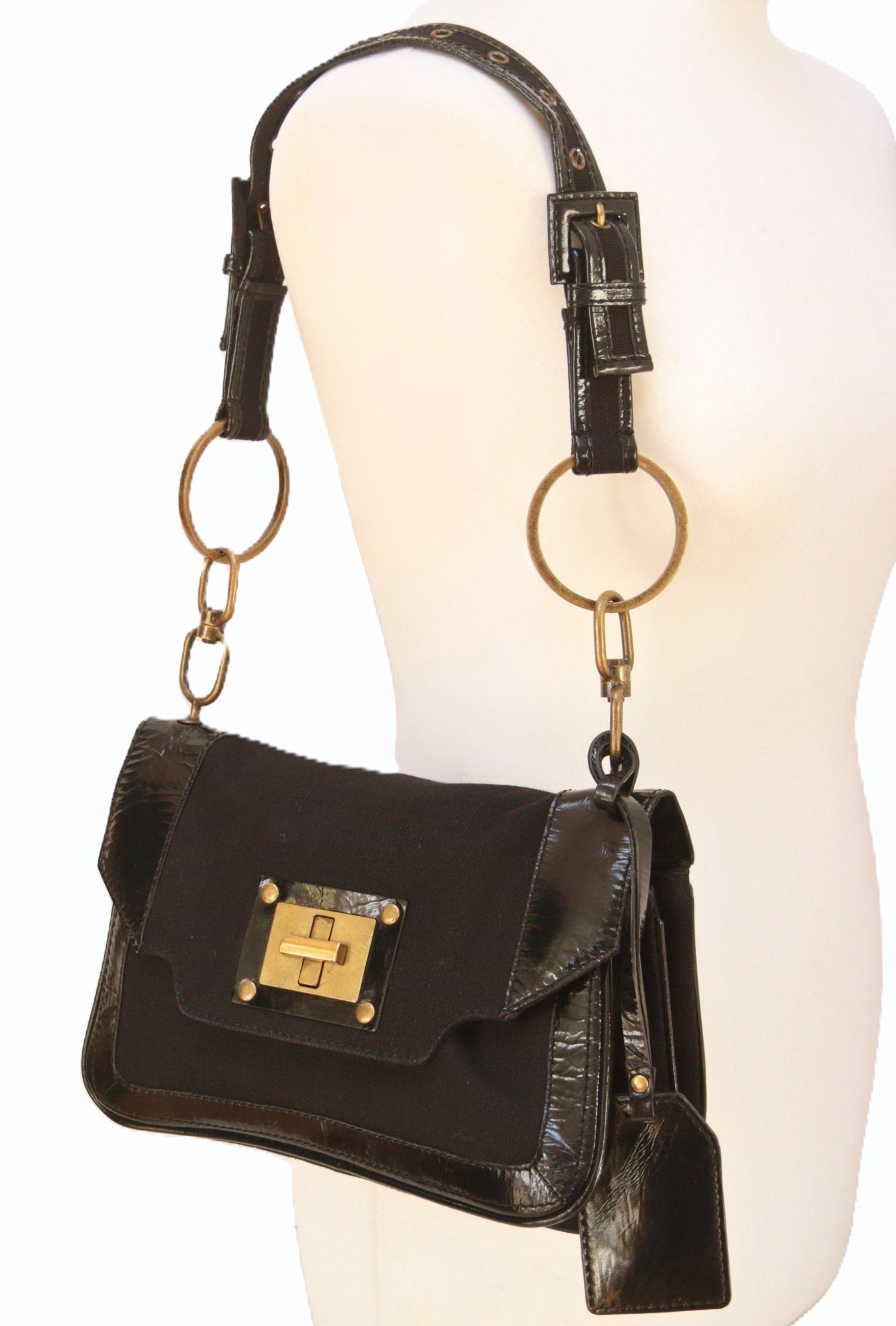 Jigsaw black patent leather & canvas shoulder bag - KingsRoad1990