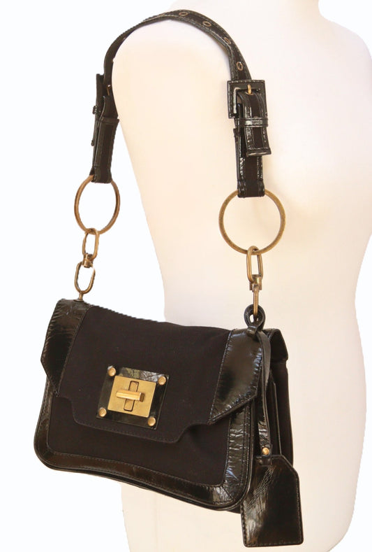 Jigsaw black patent leather & canvas shoulder bag - KingsRoad1990