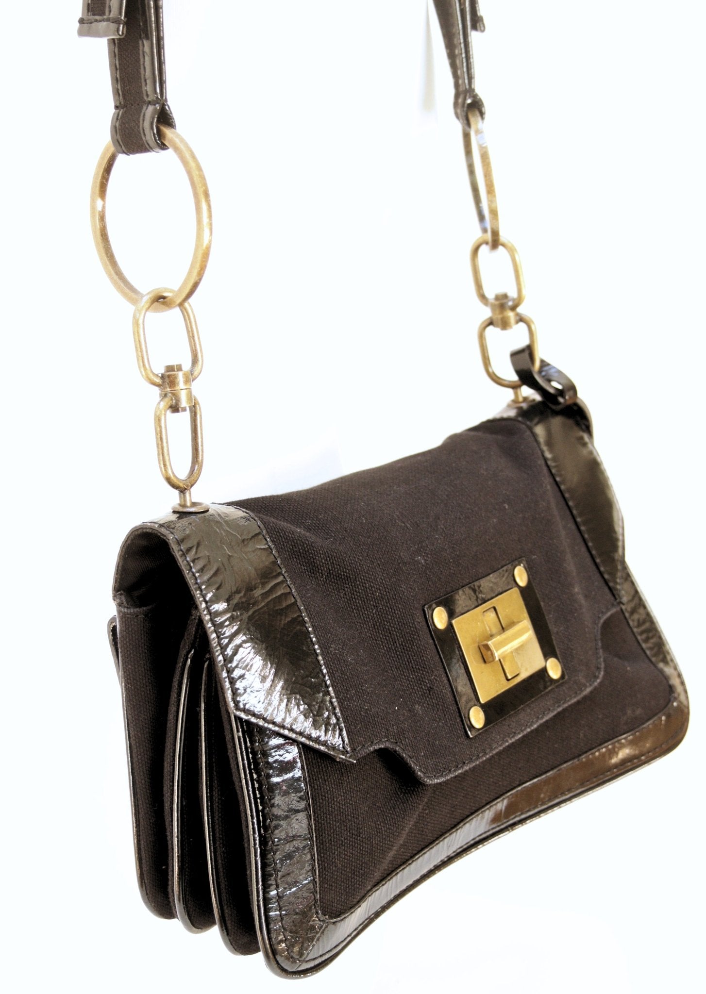 Jigsaw black patent leather & canvas shoulder bag - KingsRoad1990