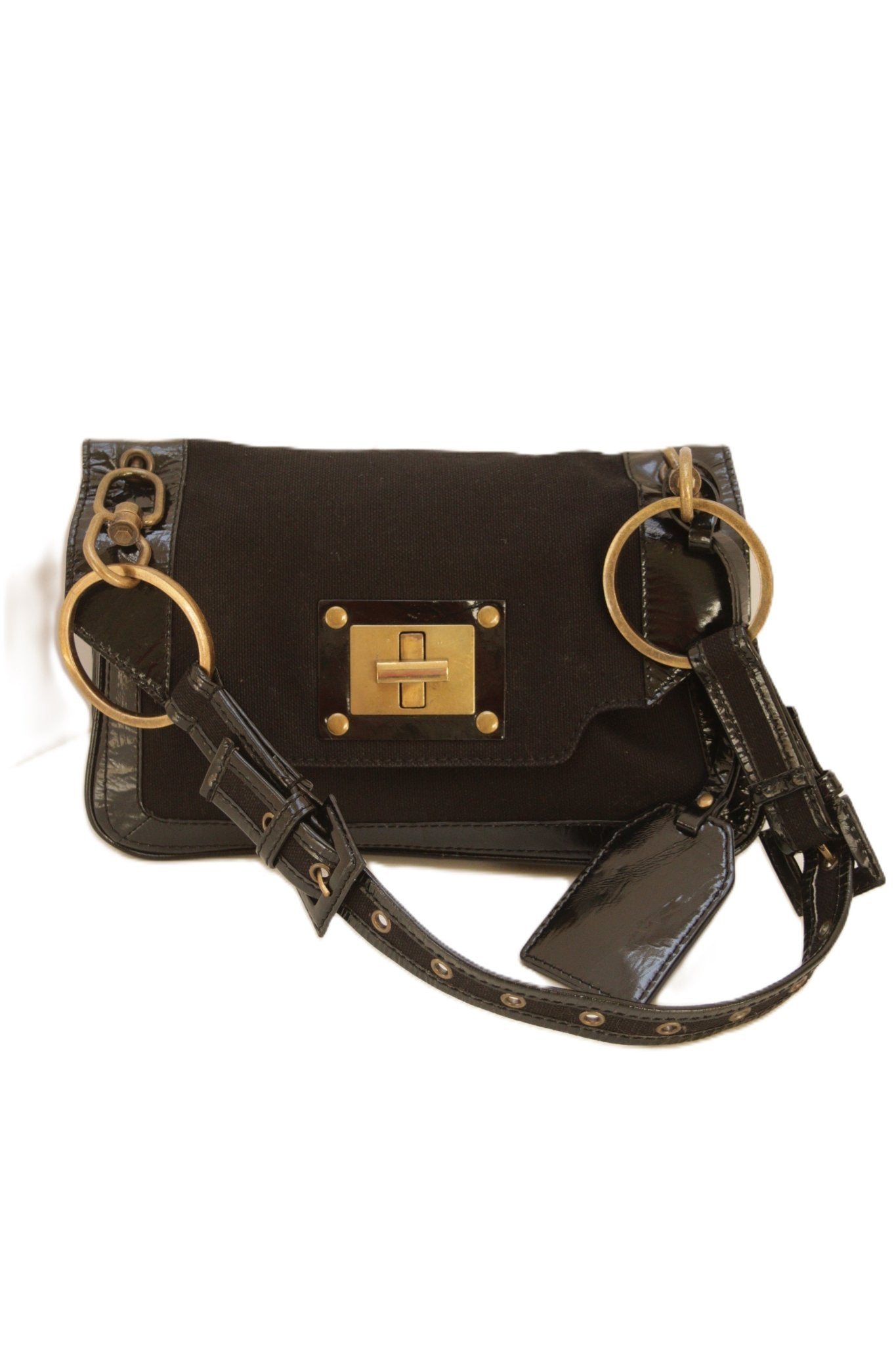 Jigsaw black patent leather & canvas shoulder bag - KingsRoad1990