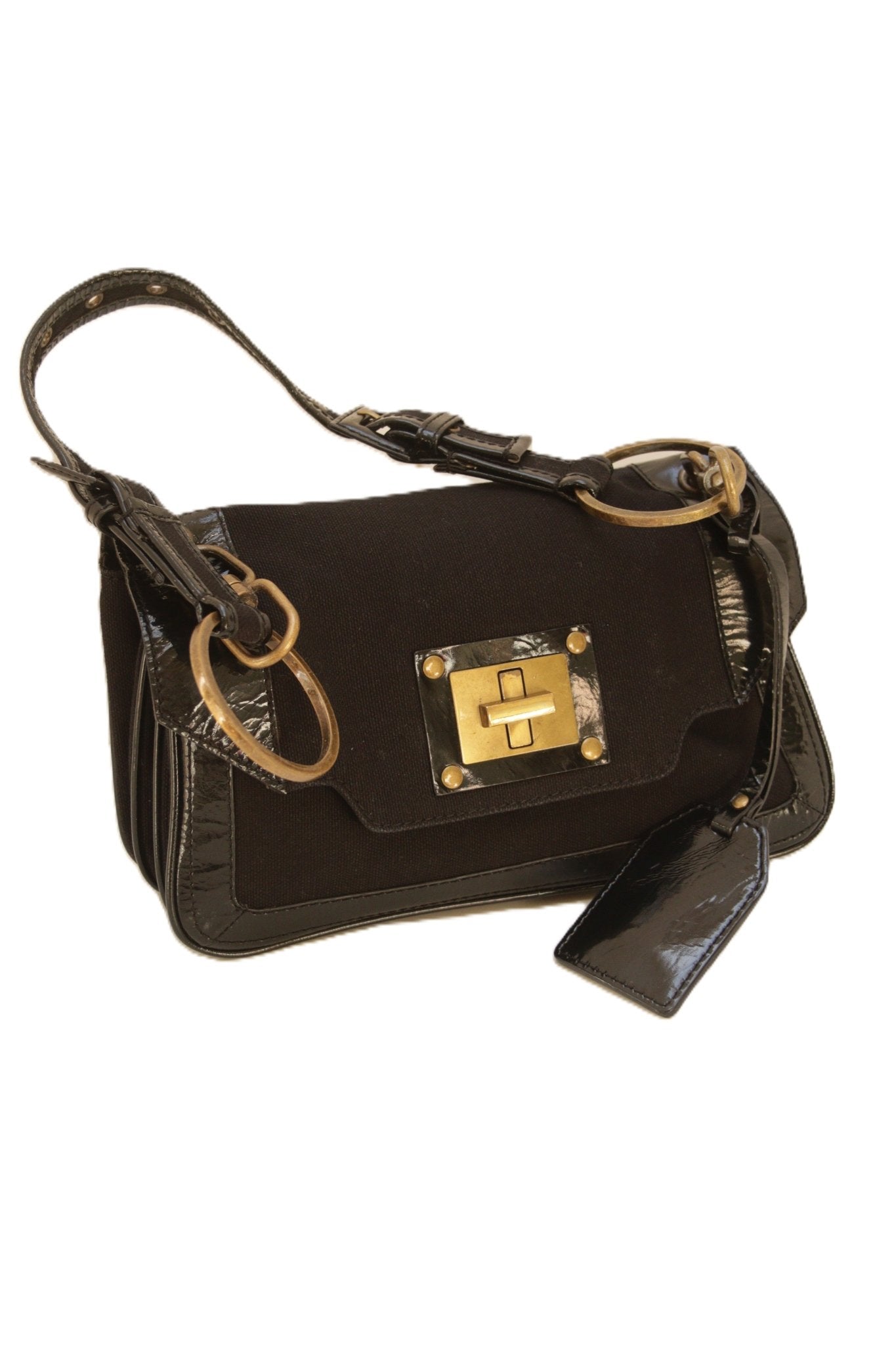 Jigsaw black patent leather & canvas shoulder bag - KingsRoad1990