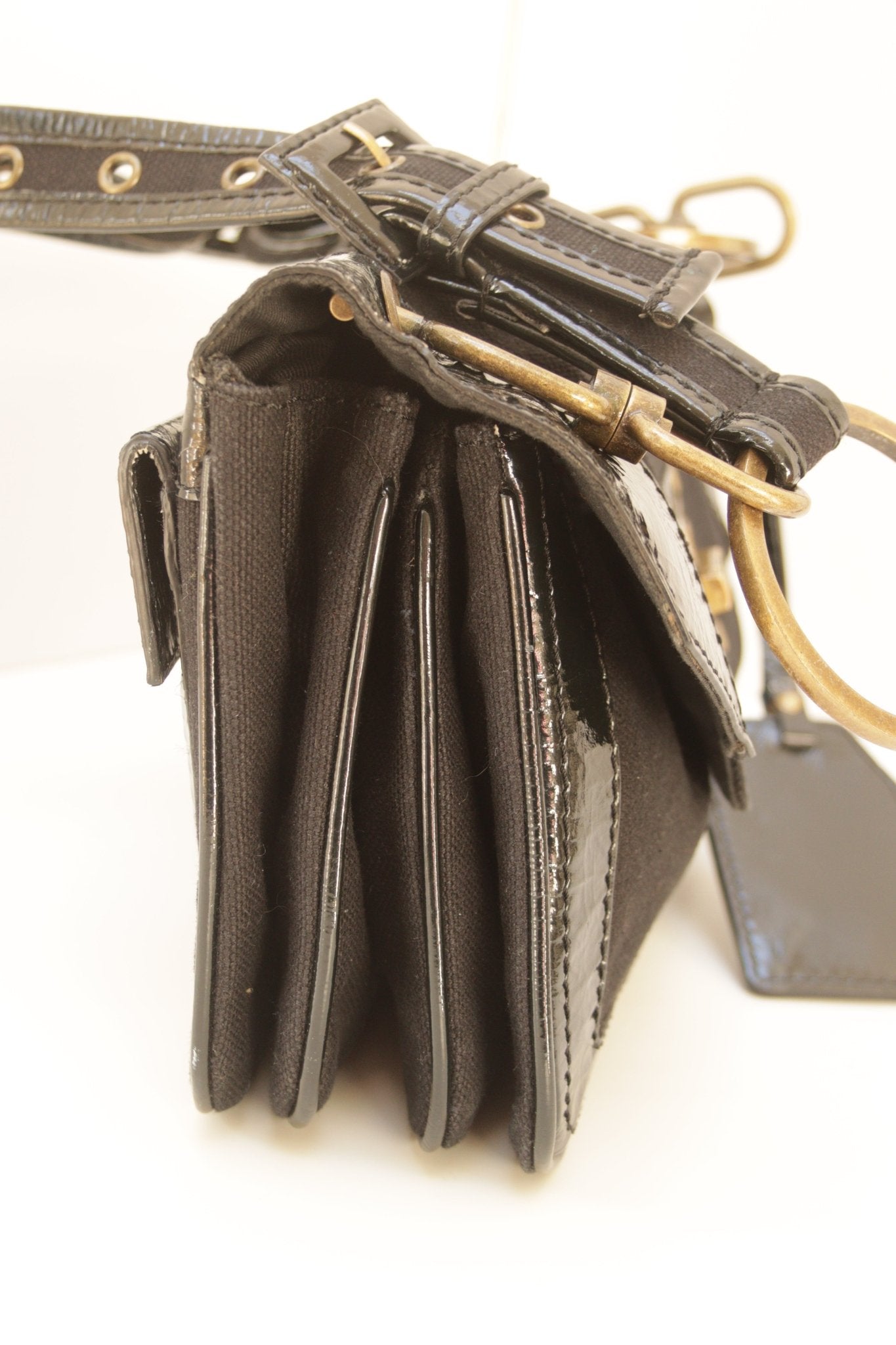Jigsaw black patent leather & canvas shoulder bag - KingsRoad1990