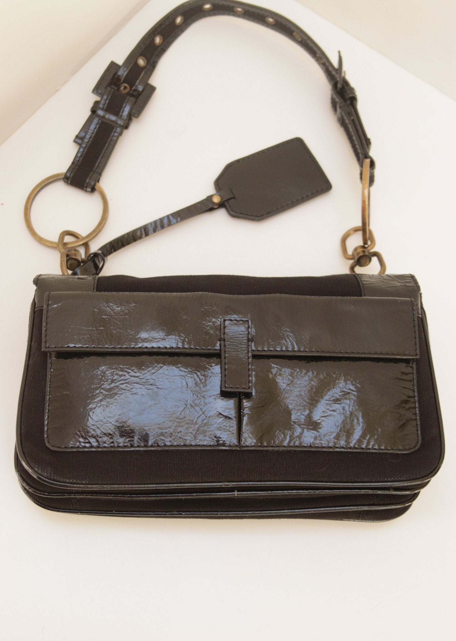 Jigsaw black patent leather & canvas shoulder bag - KingsRoad1990