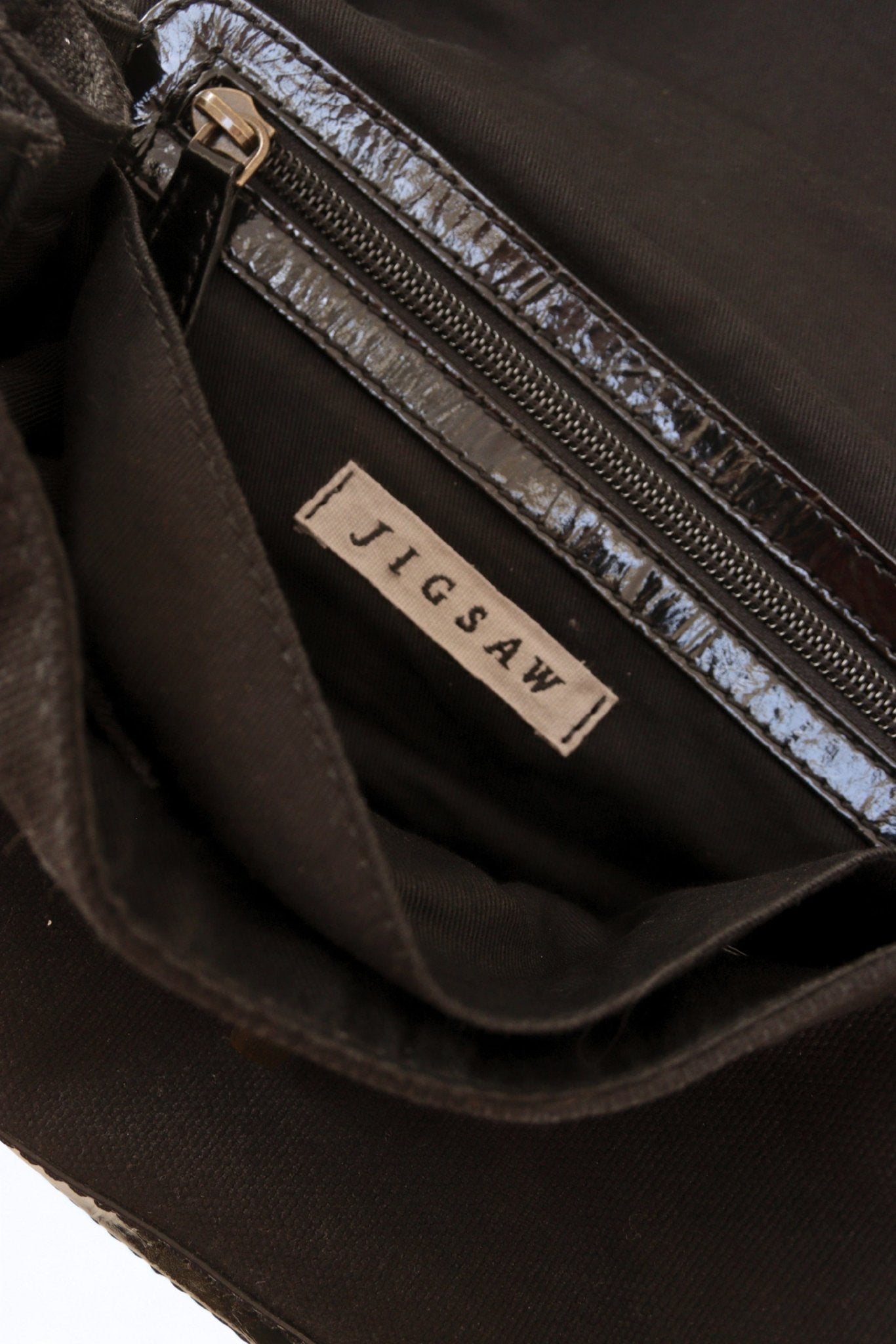 Jigsaw black patent leather & canvas shoulder bag - KingsRoad1990