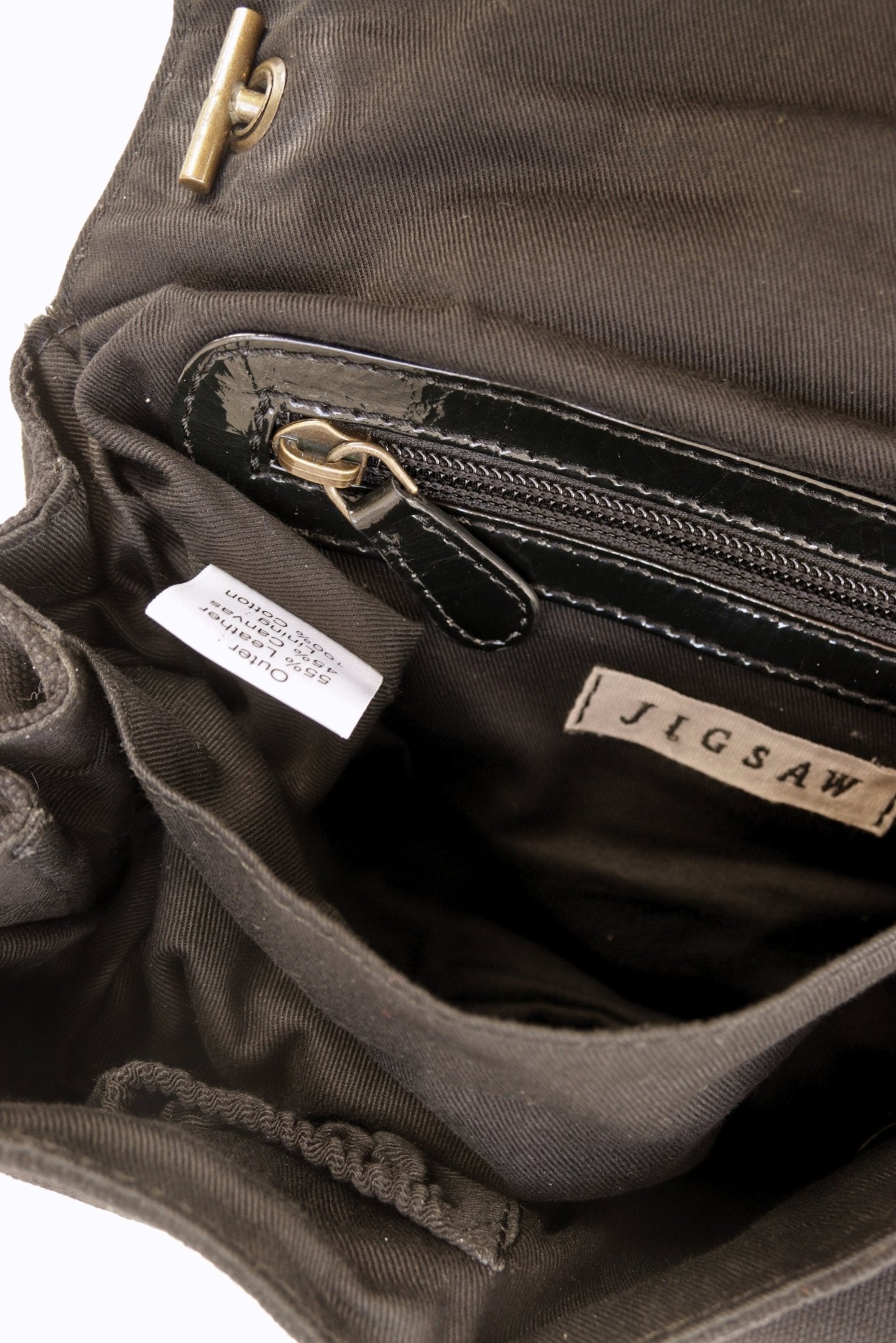 Jigsaw black patent leather & canvas shoulder bag - KingsRoad1990